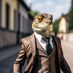 Lizzard REptiloid walks down a street wearing a suit from Punktexe.