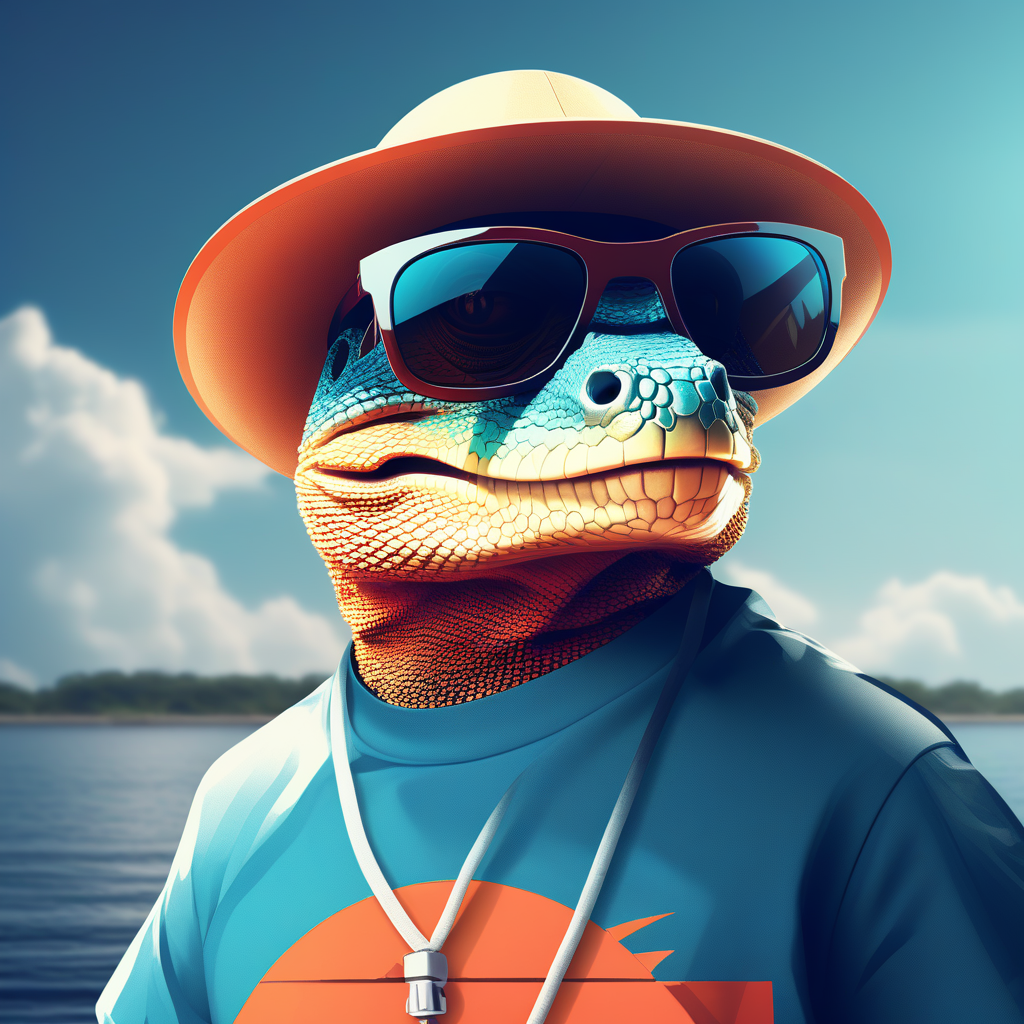 Smiling lizzard with sunglasses, hat and t-shirt on vacation